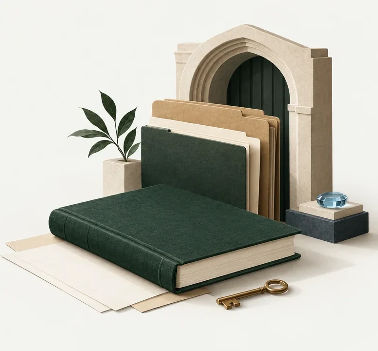 A green ledger, organized archive folders, and a brass key